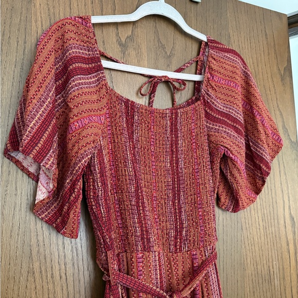 Piper & Scoot Pants - Womens Red Multi-Stripe Knit Jumpsuit with Tie Back